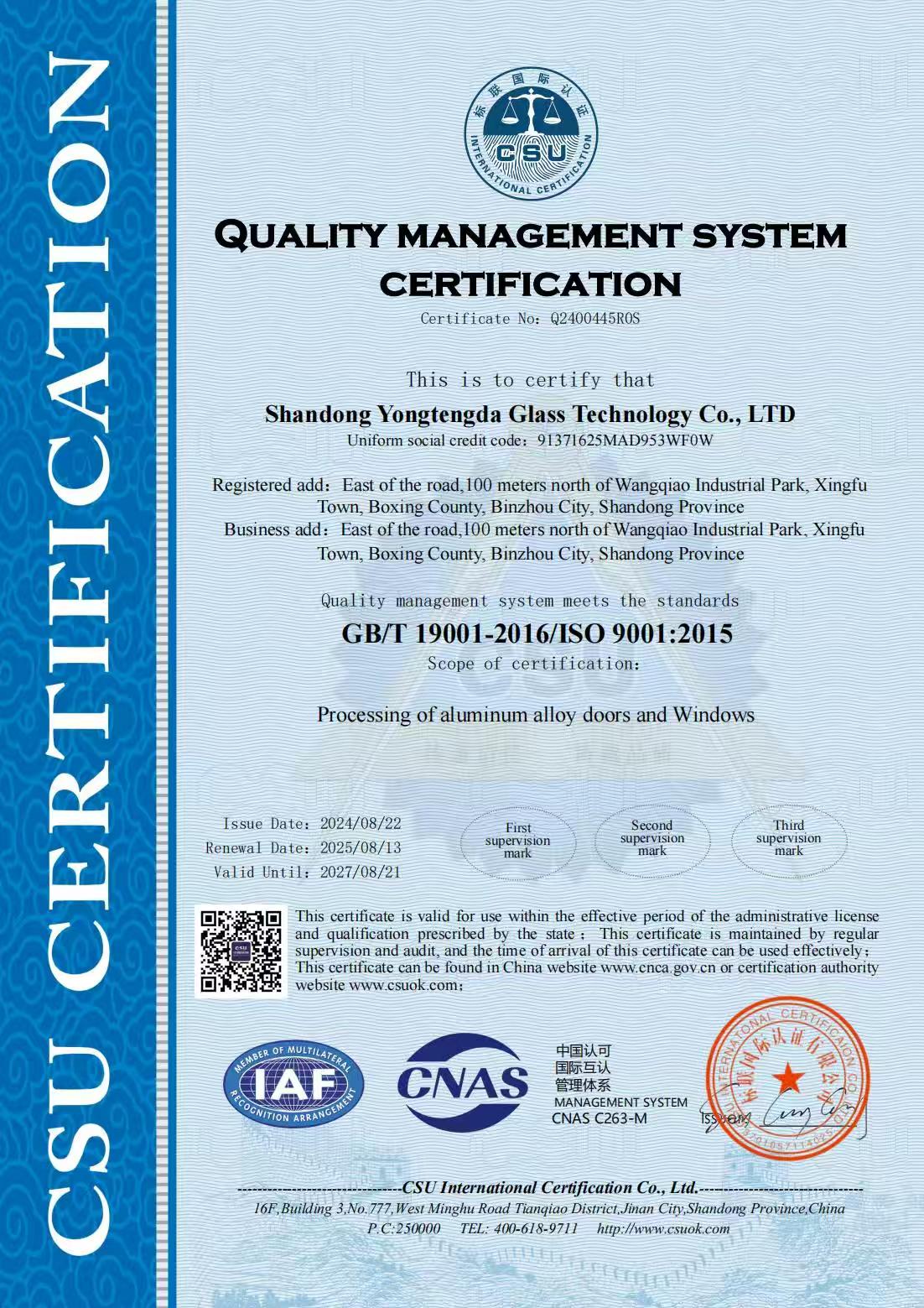 Certificado ISO 9001:2015 emitido a Shandong Yongtengda Glass Technology Co., Ltd