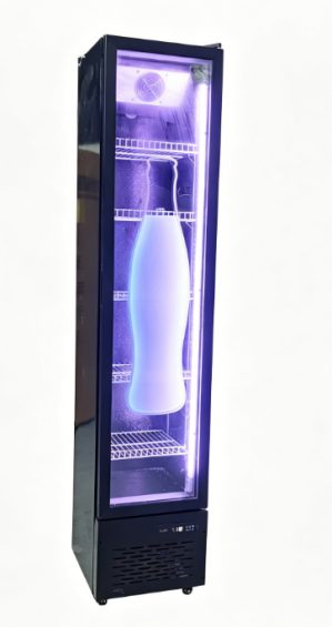 Backlit advertising glass door with branded lightbox panel