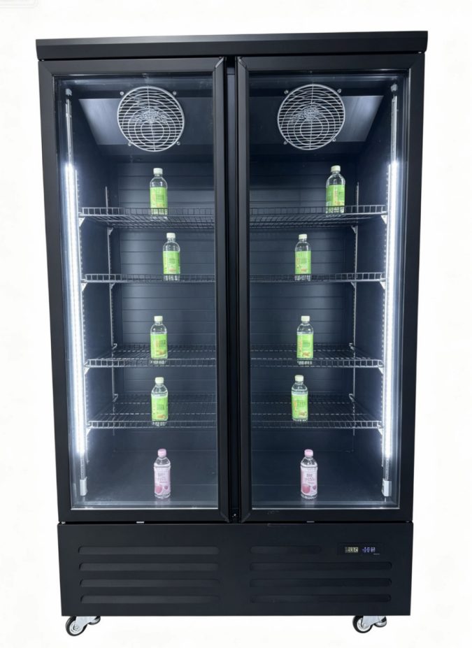 Square-corner aluminum frame glass door — two-door cooler with beverages
