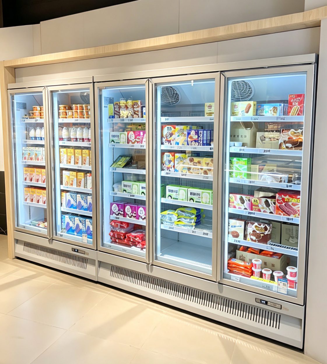 Multideck glass door cooler line in a supermarket