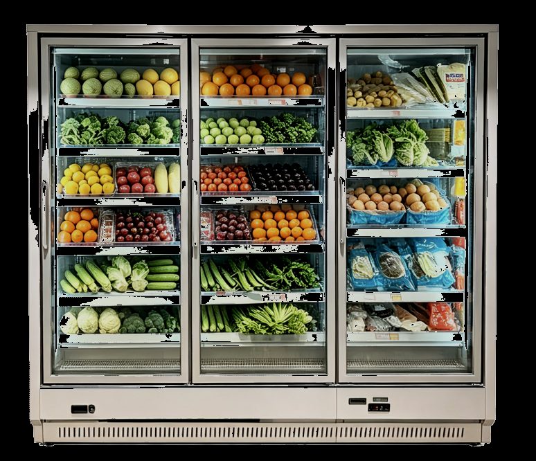 Narrow aluminum frame glass door — three-door upright cooler with beverages