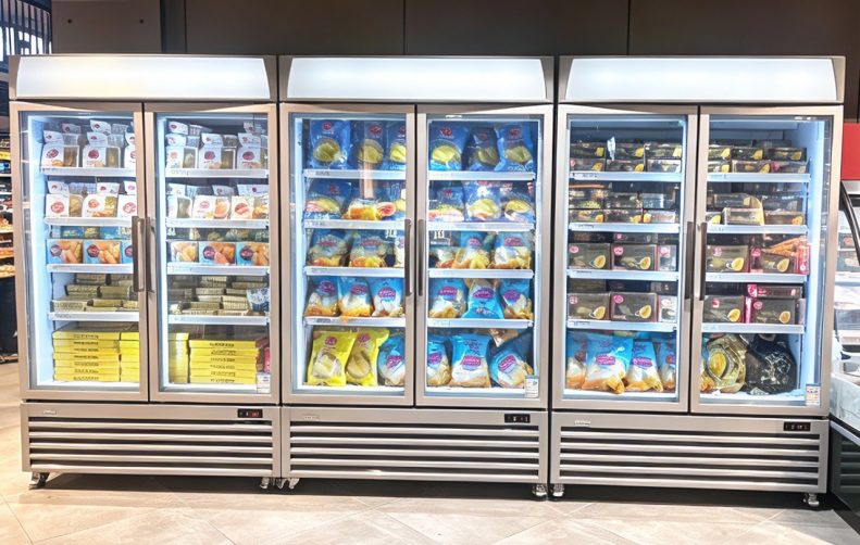 Glass door coolers in a supermarket aisle
