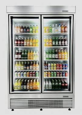 Ultra-slim aluminum frame glass door on a two-door upright beverage cooler