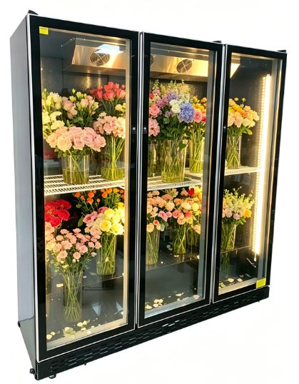 Frameless glass door cooler displaying fresh food