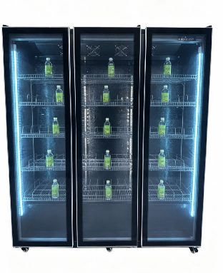 Frameless glass door cooler with LED-lit beverage display