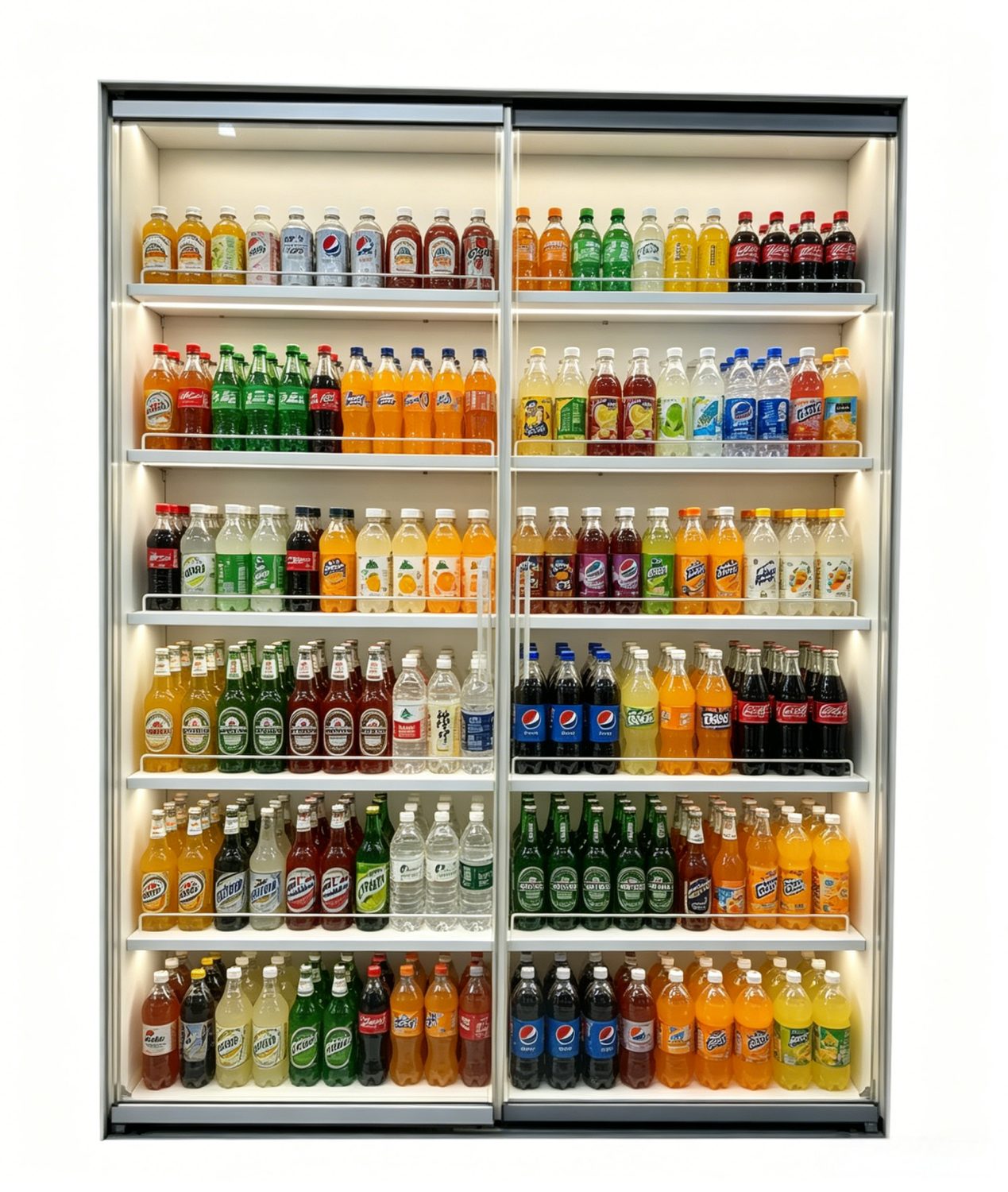 Frameless transparent-spacer glass door cooler with beverage display