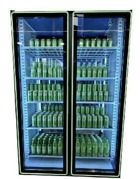 Round-corner glass doors with internal LED lighting on a two-door cooler
