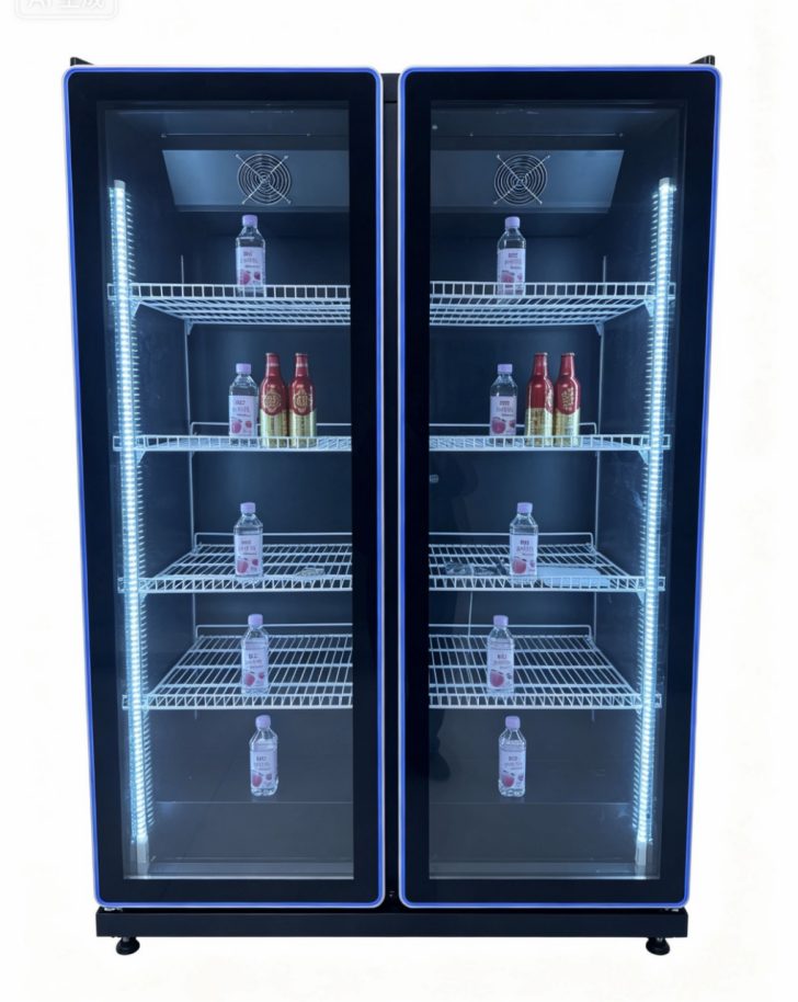 Round-corner glass doors with external LED lighting on a two-door cooler