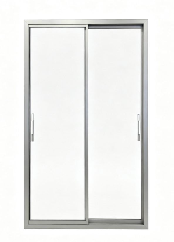 Sliding glass doors closed on a two-panel commercial display cooler