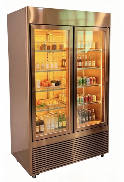 Titanium frame glass doors on a two-door display cabinet