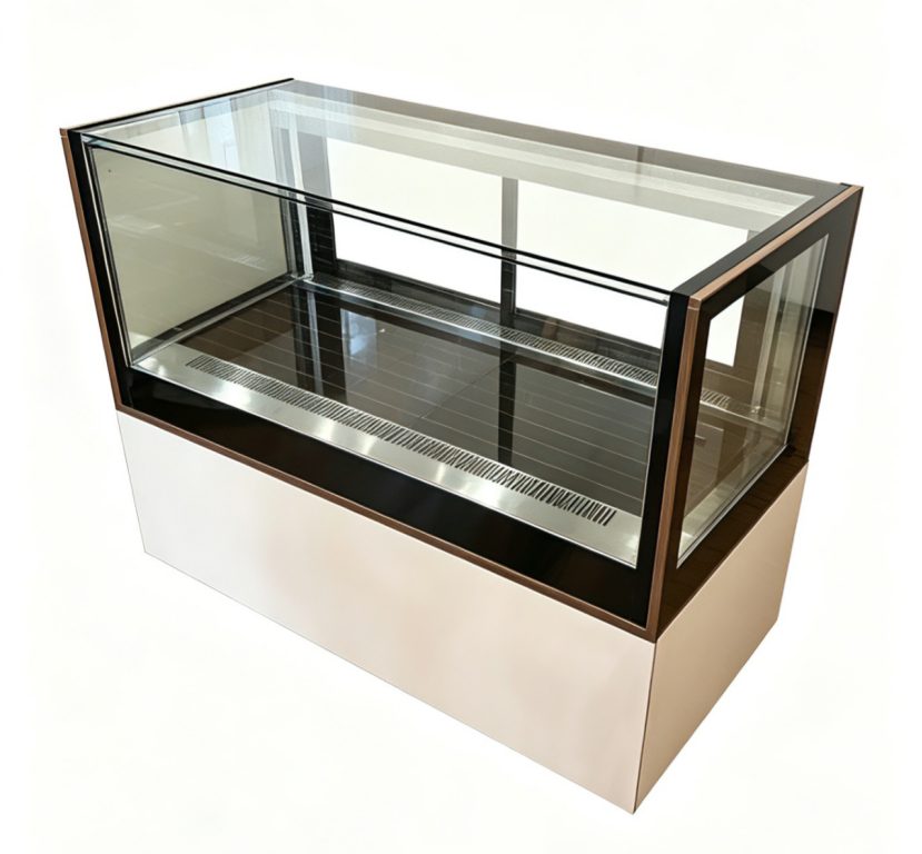 Cake and bakery display case with curved glass and black base