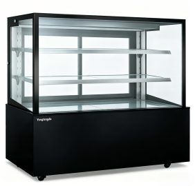 Cake display case with curved glass and wood-tone base