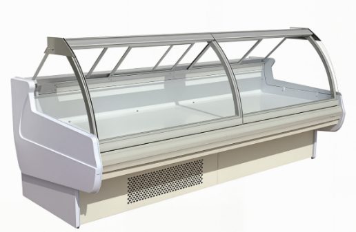 Curved glass display case with white base
