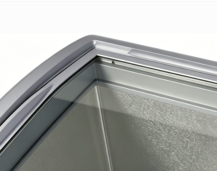 Curved glass display case glazing detail